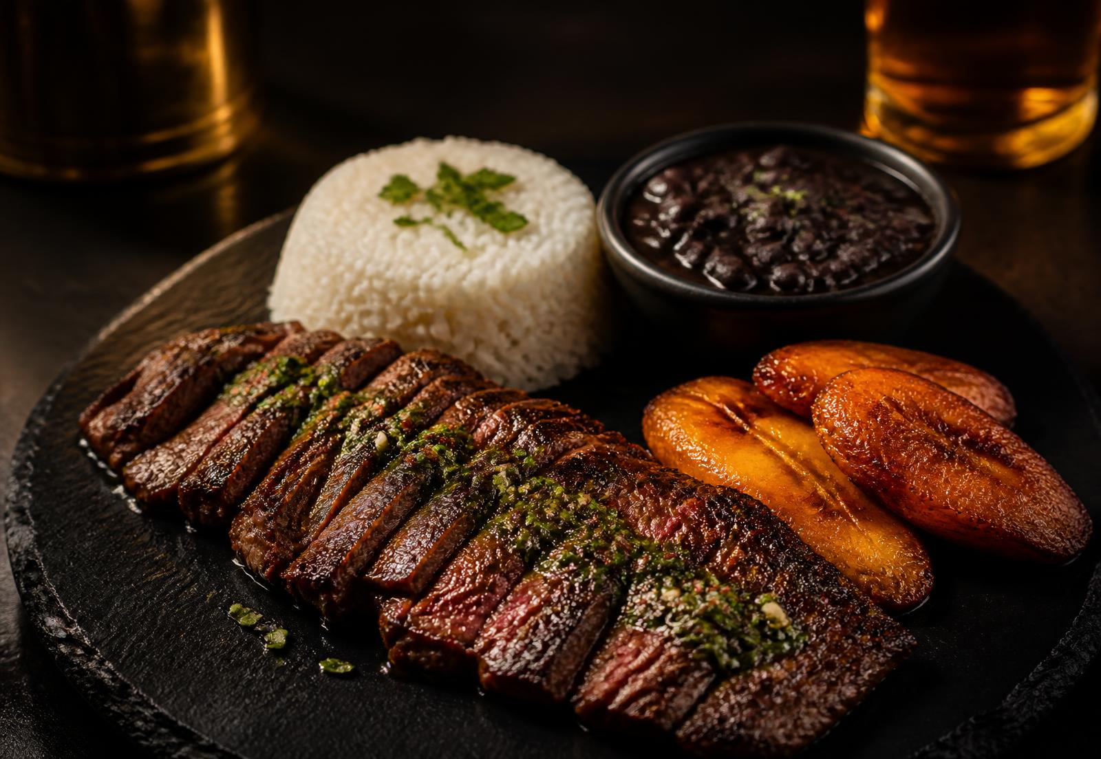 Churrasco cubano con arroz blanco, frijoles negros y maduros